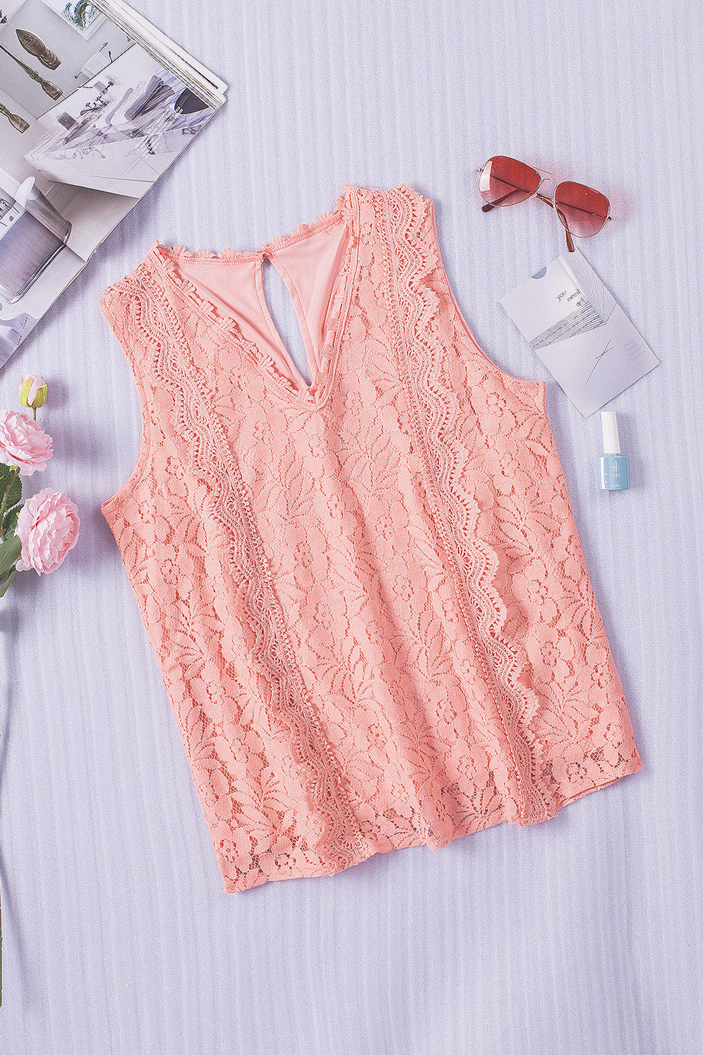 Pink Lace V Neck Tank Top