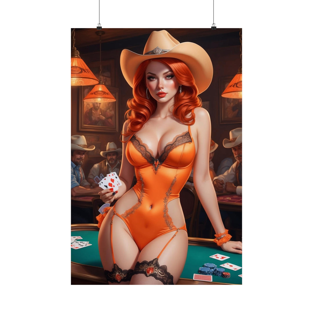 Cowgirl Redhead in Saloon Poker Matte Vertical Posters