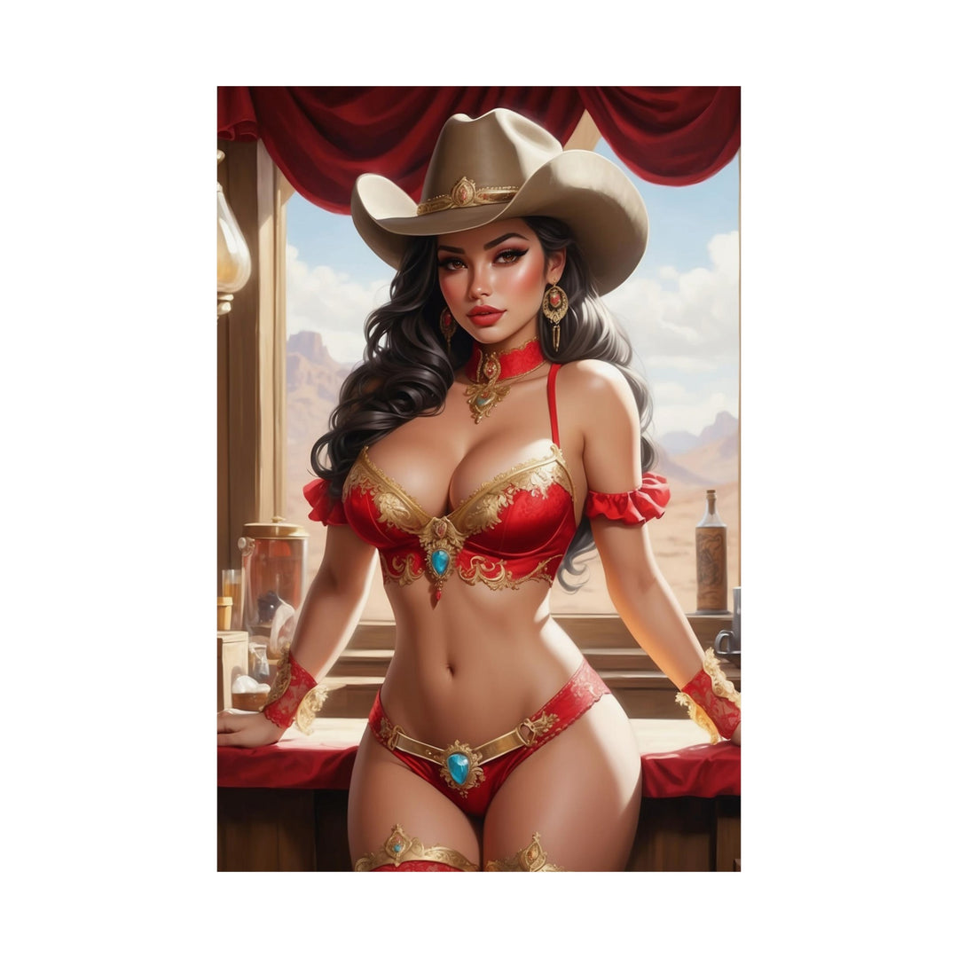 Cowgirl in Saloon Matte Vertical Posters