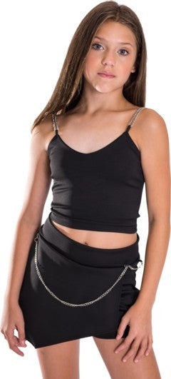 JUNIORS CHAIN CROP TOP AND SKIRT SET