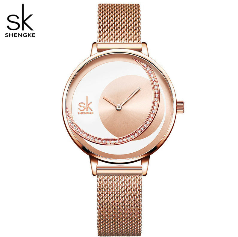 New victory engraved rhinestone women's watch sun pattern rose gold watch mesh belt belt ladies watch