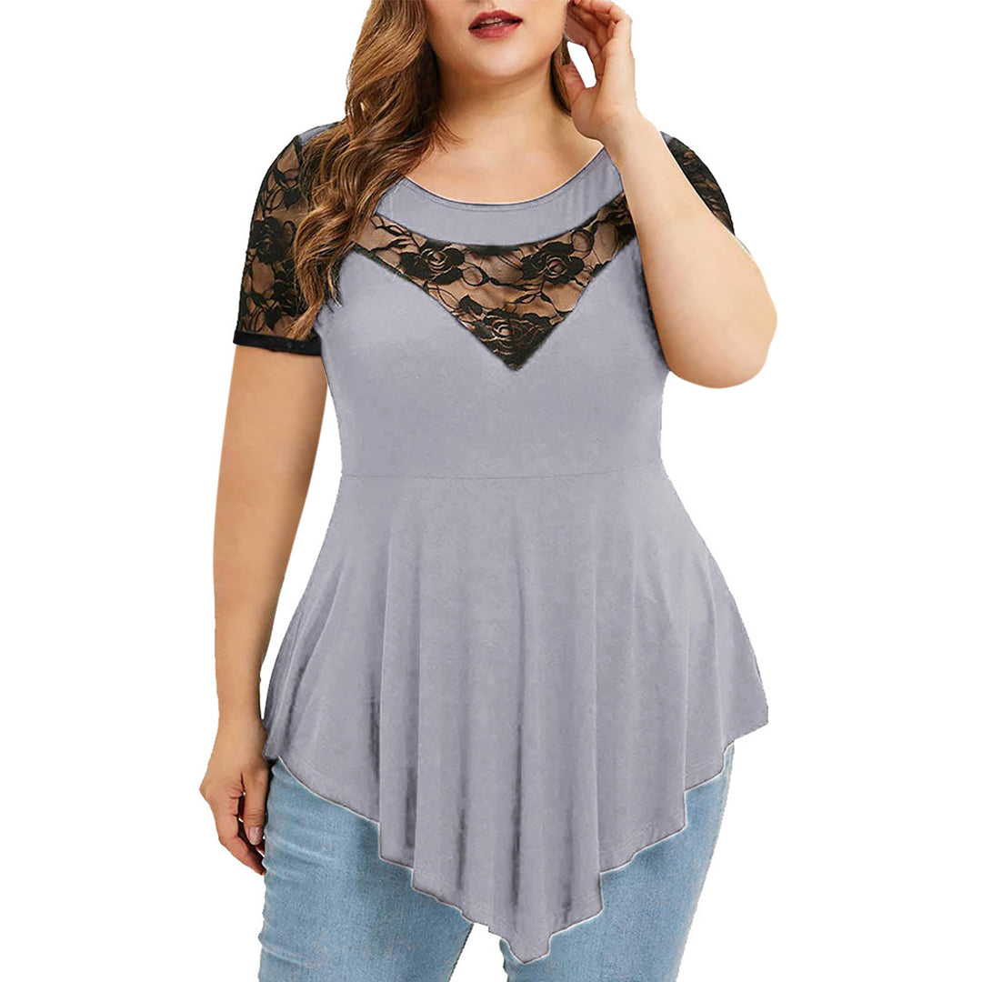 Women's Large Size Floral Lace Short Sleeve Irregular Hem See-through Round Neck Women's Blouse