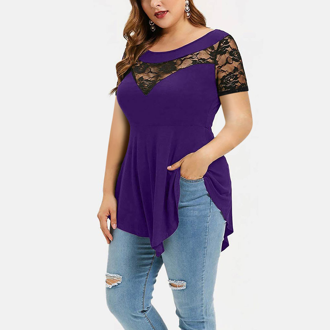 Women's Large Size Floral Lace Short Sleeve Irregular Hem See-through Round Neck Women's Blouse