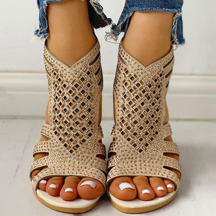 Flat Cutout Roman Rhinestone Sandals