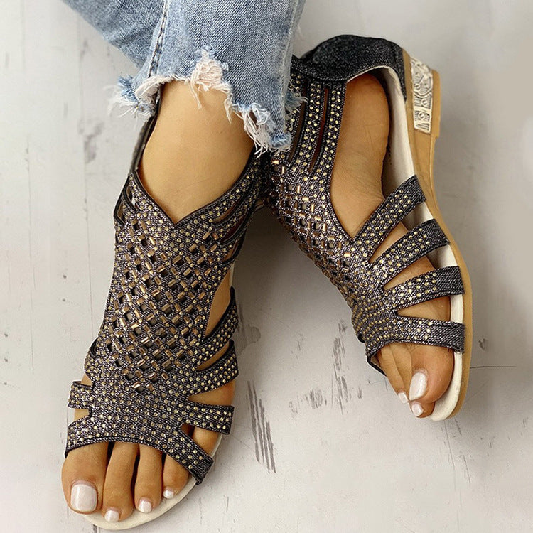 Flat Cutout Roman Rhinestone Sandals