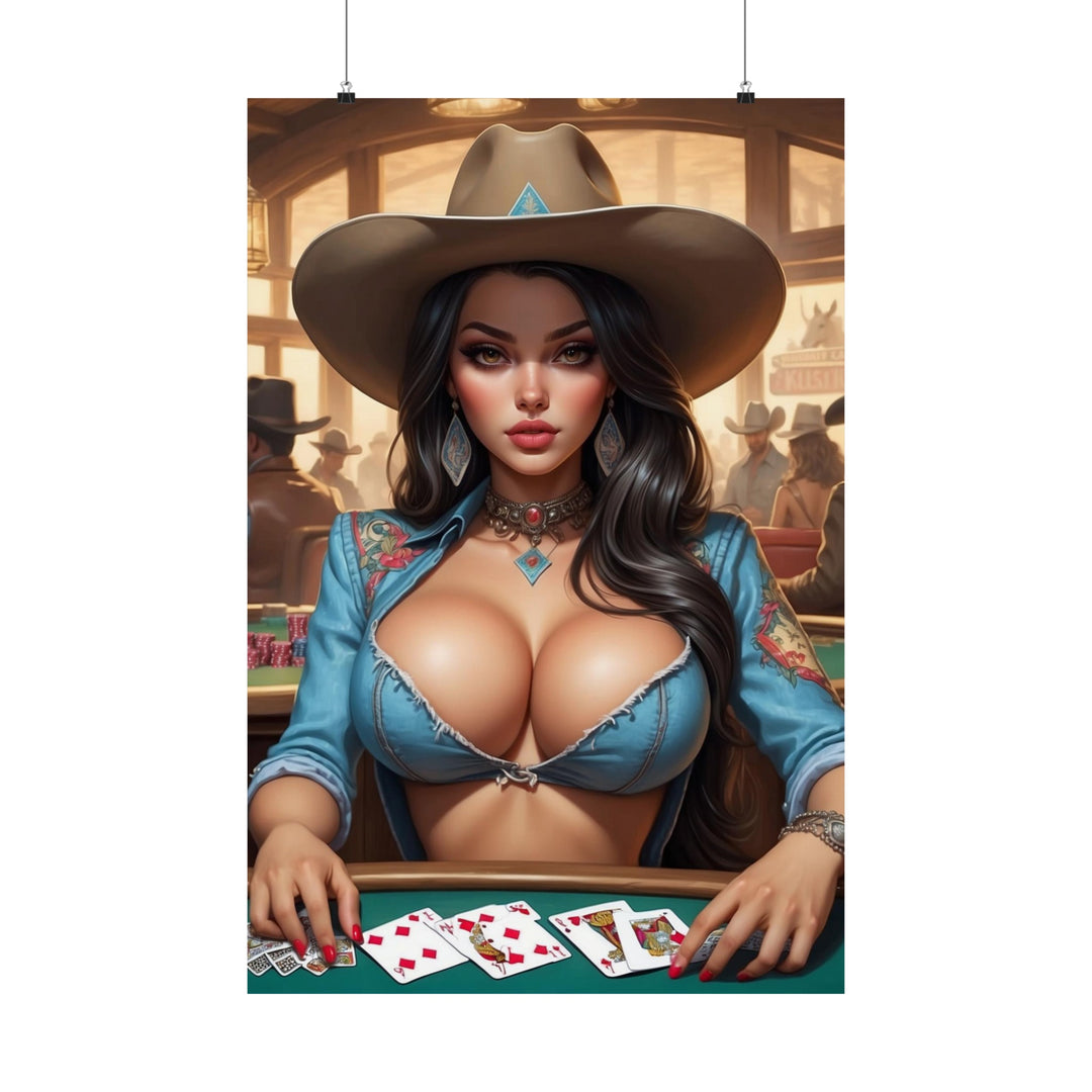 Cowgirl Playing Poker Chicano Art Matte Vertical Posters