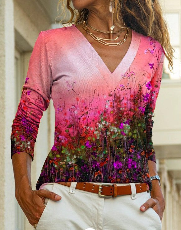 New Printed V-neck Long-sleeve T-shirt For Women