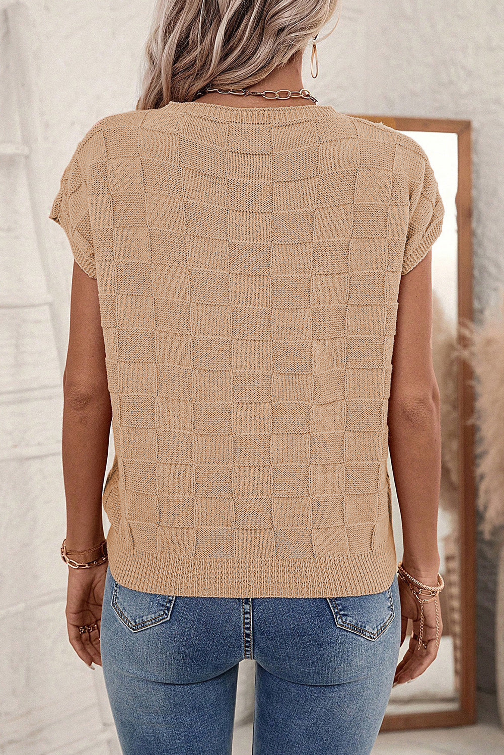 Gray Lattice Textured Knit Short Sleeve Sweater