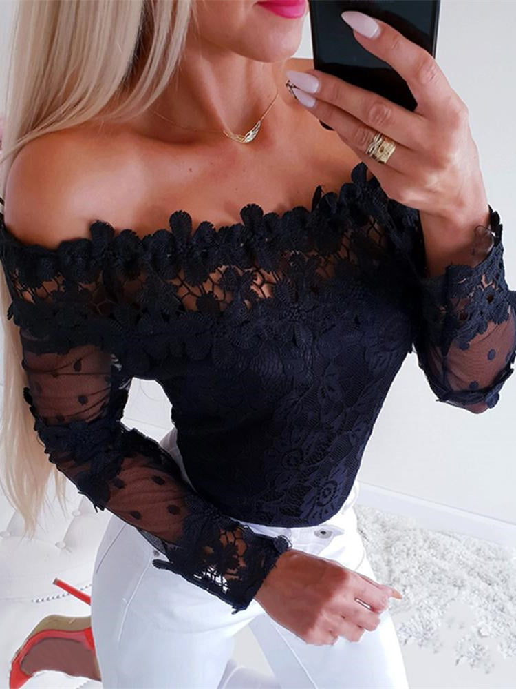 Slim-neck lace cut-out lace blouse