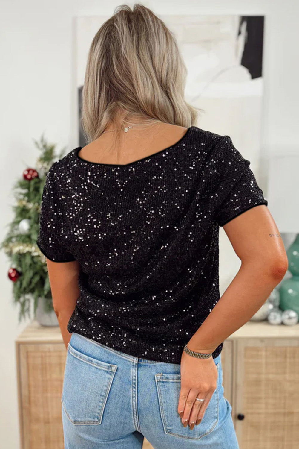 Black Short Sleeve Sequin Top