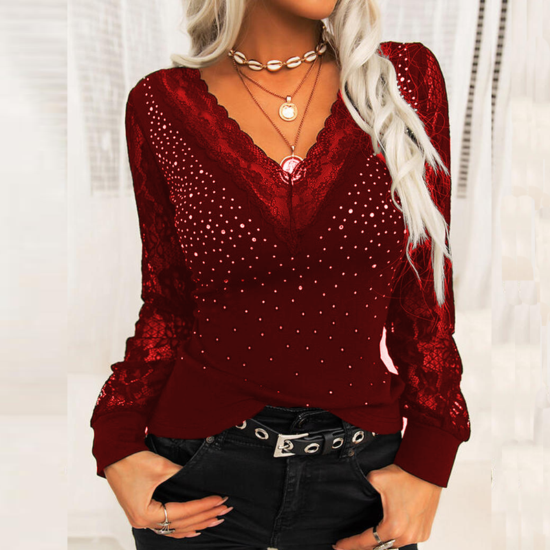 Solid Color Lace V Neck Long Sleeved Shirt