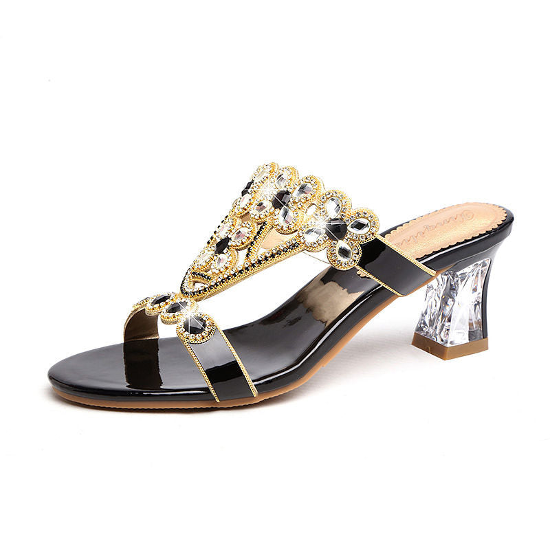 High-heeled Rhinestone Sandals Fashion Block-heeled Diamond Flower Sandals