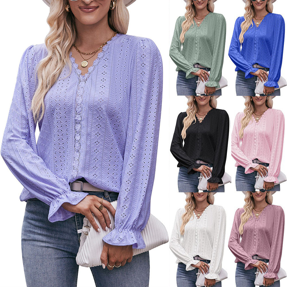 Fashion Lace V-neck Long Sleeve Top