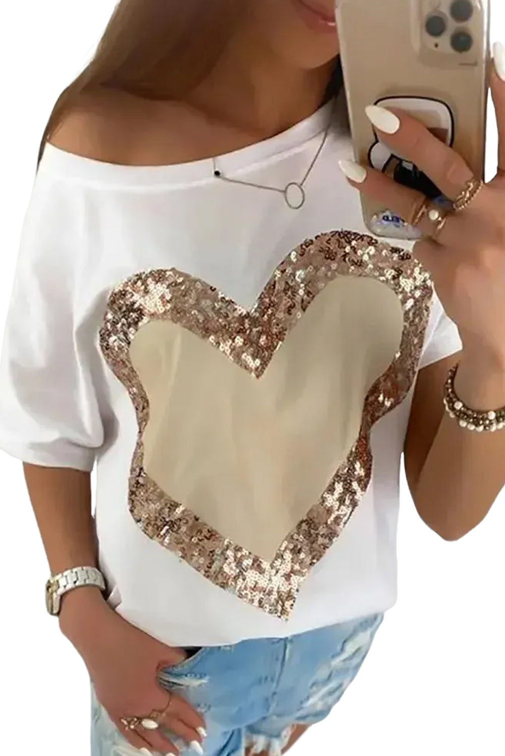 White Valentine's Day Sequined Heart Crew Neck Short Sleeve Top