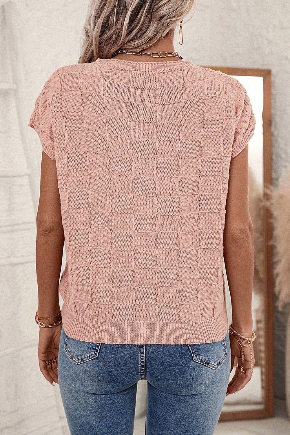 Gray Lattice Textured Knit Short Sleeve Sweater