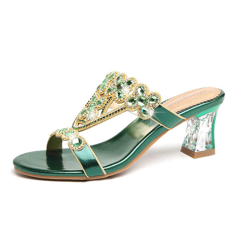 High-heeled Rhinestone Sandals Fashion Block-heeled Diamond Flower Sandals