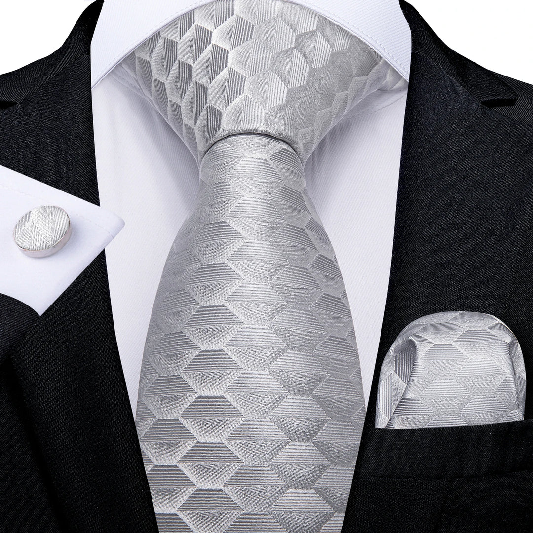 DiBanGu Mens Necktie Silver White Novelty Design Silk Wedding Tie For Men Tie Hanky Cufflink Tie Set Business Party Dropshipping