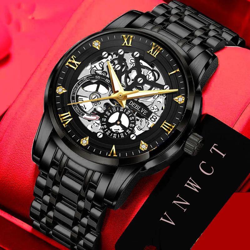 Fashion Men Hollow Watch Imitation Mechanical Needle Walking Watch Waterproof Calendar Luminous Men's Solid Belt Watch for Men