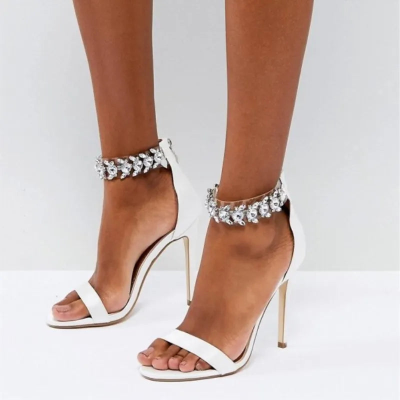 New white gladiator sandals sexy shiny open toe party shoes ankle rhinestone wrap around women's wedding diamond sandals plus 43