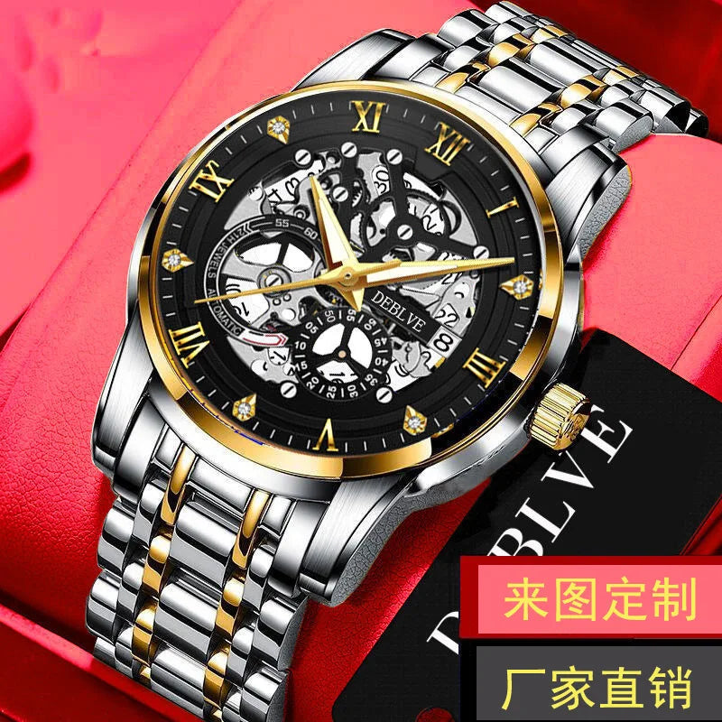 Men Fashion Hollow Imitation Mechanical Needle Walking Watch Luxury Waterproof Calendar Luminous Men's Solid Belt Watch for Men