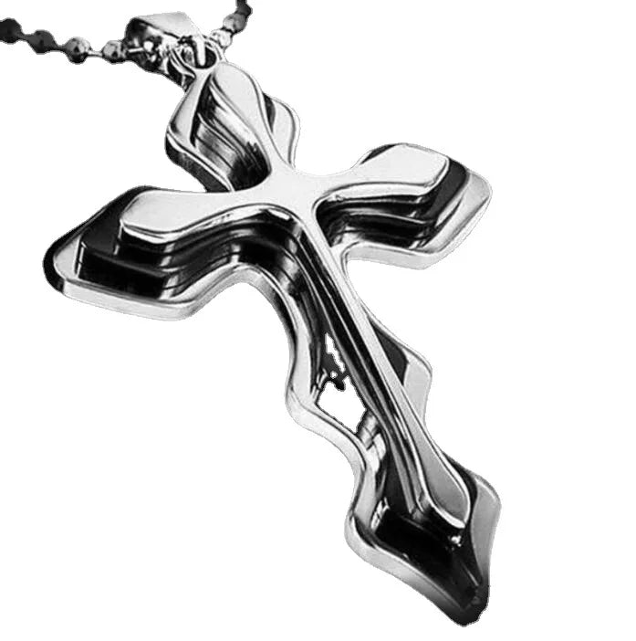 Stainless Steel Cross Blue Wave Pendant Necklace Personality Retro Men's Necklace Religious Belief Jewelry Accessories