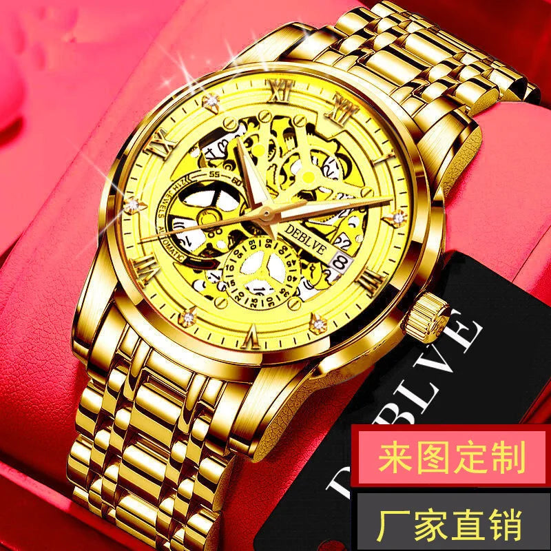 Men Fashion Hollow Imitation Mechanical Needle Walking Watch Luxury Waterproof Calendar Luminous Men's Solid Belt Watch for Men