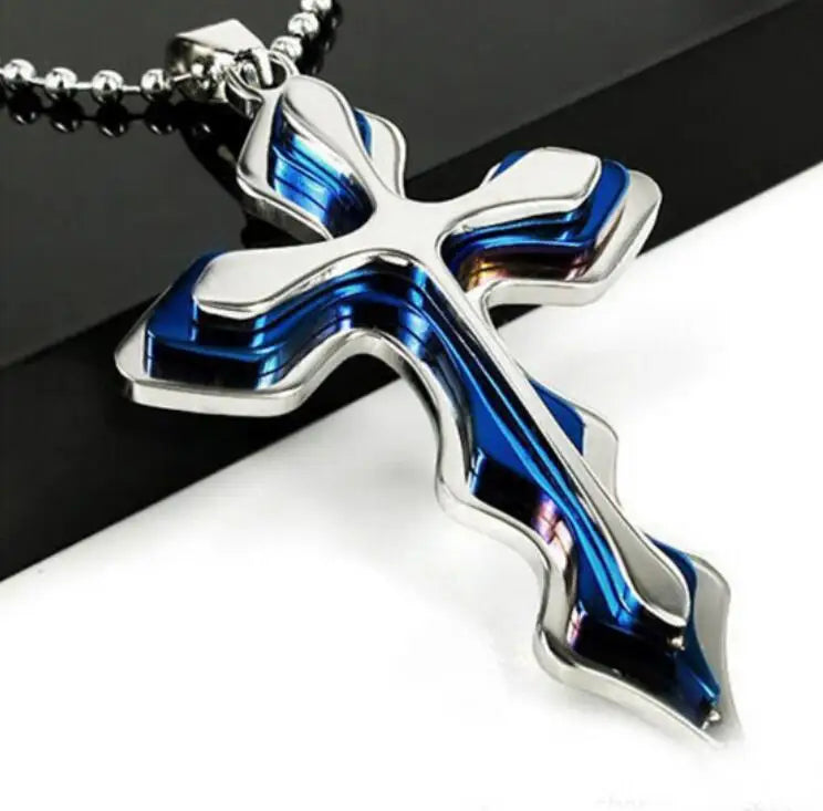 Stainless Steel Cross Blue Wave Pendant Necklace Personality Retro Men's Necklace Religious Belief Jewelry Accessories