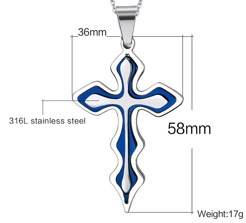 Stainless Steel Cross Blue Wave Pendant Necklace Personality Retro Men's Necklace Religious Belief Jewelry Accessories