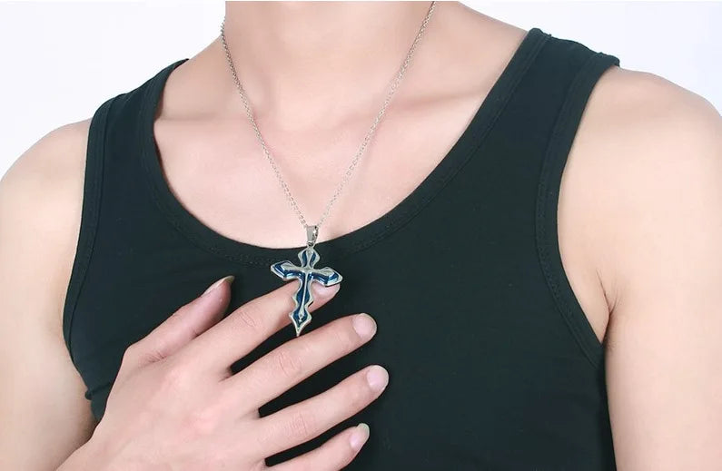 Stainless Steel Cross Blue Wave Pendant Necklace Personality Retro Men's Necklace Religious Belief Jewelry Accessories