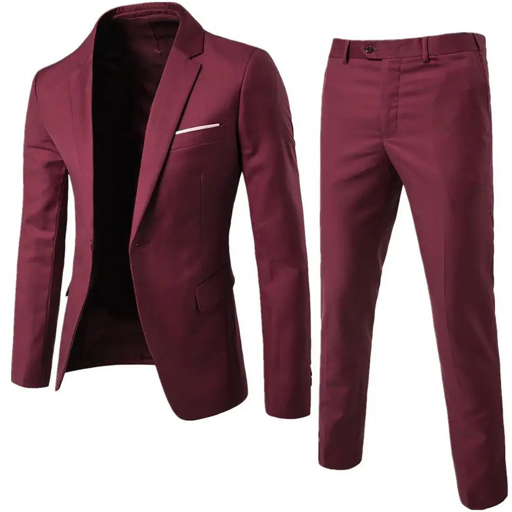 2Pcs/Set Plus Size Men Suits Solid Color Long Sleeve Lapel Slim Button Business Suit Men Autumn Solid Slim Wedding Blazer Sets