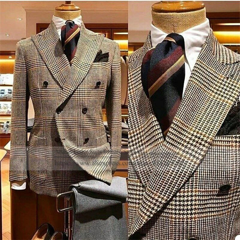 Tweed Wool Houndstooth Men Suits Wide Peak Lapel Jacket 2 Pcs Double Breasted Coat Business Blazer Wedding Dinner Party Gowns