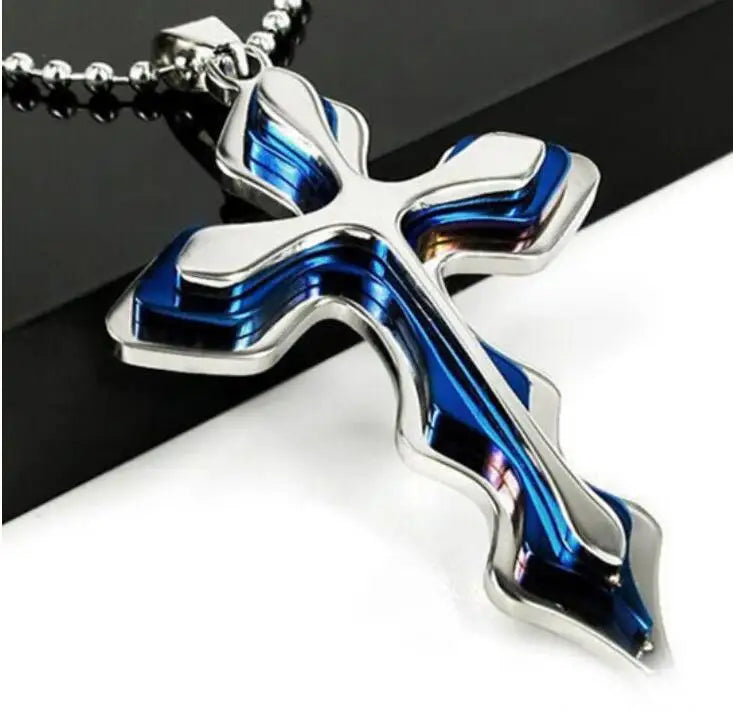 Stainless Steel Cross Blue Wave Pendant Necklace Personality Retro Men's Necklace Religious Belief Jewelry Accessories