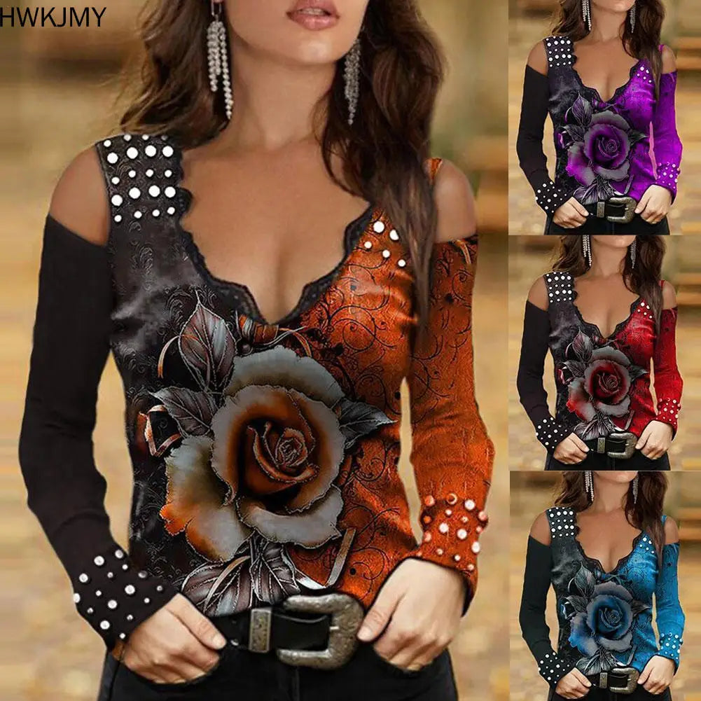 New Fashion Women Luxury Skinny Rose T-Shirt Flower Printed Off-Shoulder Rhinestone Long Sleeve Loose Clothing XS-5XL