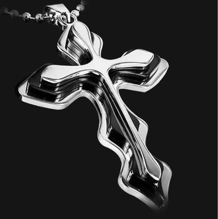 Stainless Steel Cross Blue Wave Pendant Necklace Personality Retro Men's Necklace Religious Belief Jewelry Accessories