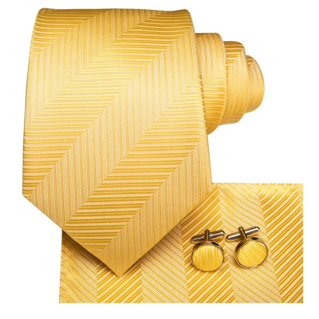 Yellow Striped 2023 New Elegant Mens Tie Hanky Cufflinks Silk Necktie For Men Wedding Party Business Fashion Brand Hi-Tie Design