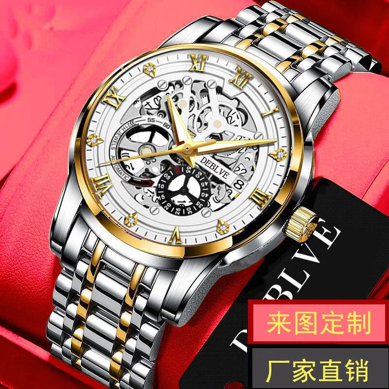 Fashion Men Hollow Watch Imitation Mechanical Needle Walking Watch Waterproof Calendar Luminous Men's Solid Belt Watch for Men