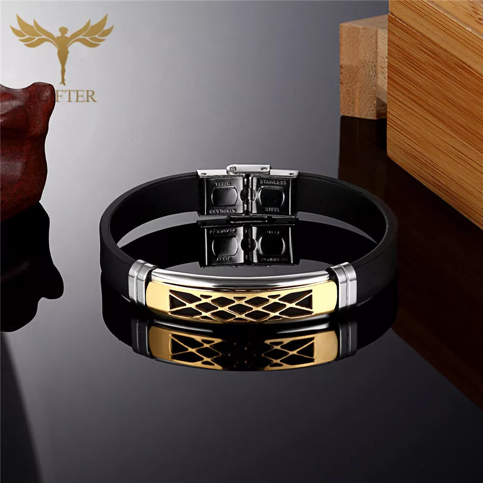 Business Men's Wristband Geometric Groove Design Silicone Bangle Fashion Male Cuff Bracelet Stainless Steel Buckle Jewelry