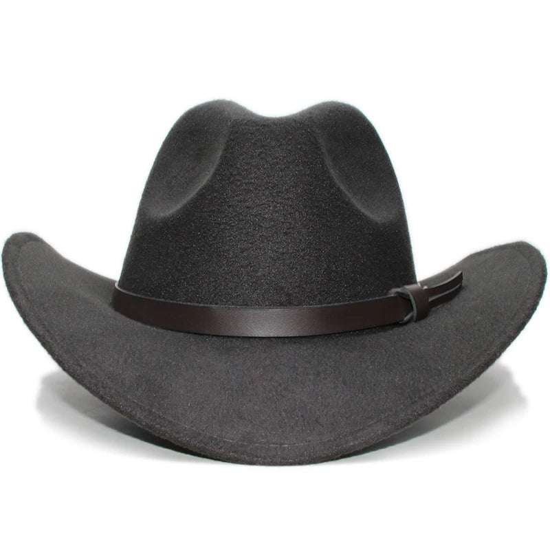 Big Large Plus Size Vintage Women Men Flet Wide Brim Cowboy Western Hat Cowgirl Funeral Formal Bowler Cap Leather Band (61cm)