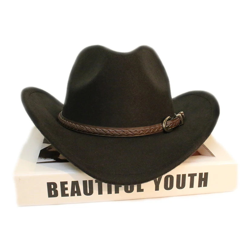 Coffee Leather Band Vintage Parent-child Women Men /Kid Child Wool Wide Brim Cowboy Western Hat Cowgirl Bowler Cap (54-57-61cm)