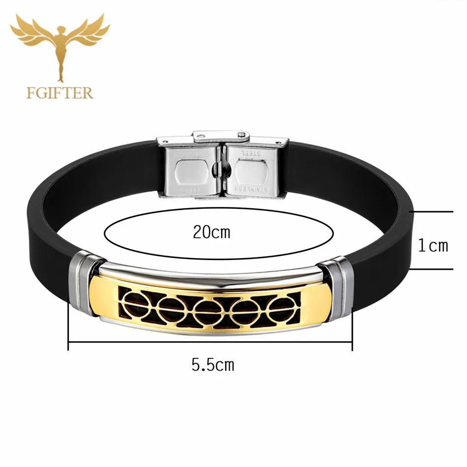 Business Men's Wristband Geometric Groove Design Silicone Bangle Fashion Male Cuff Bracelet Stainless Steel Buckle Jewelry