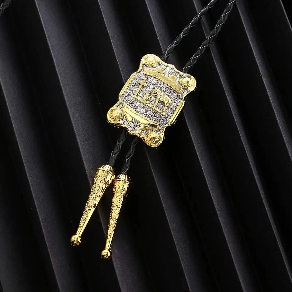 Gold cross pray horse rectangle bolo tie for man cowboy western cowgirl lather rope zinc alloy necktie