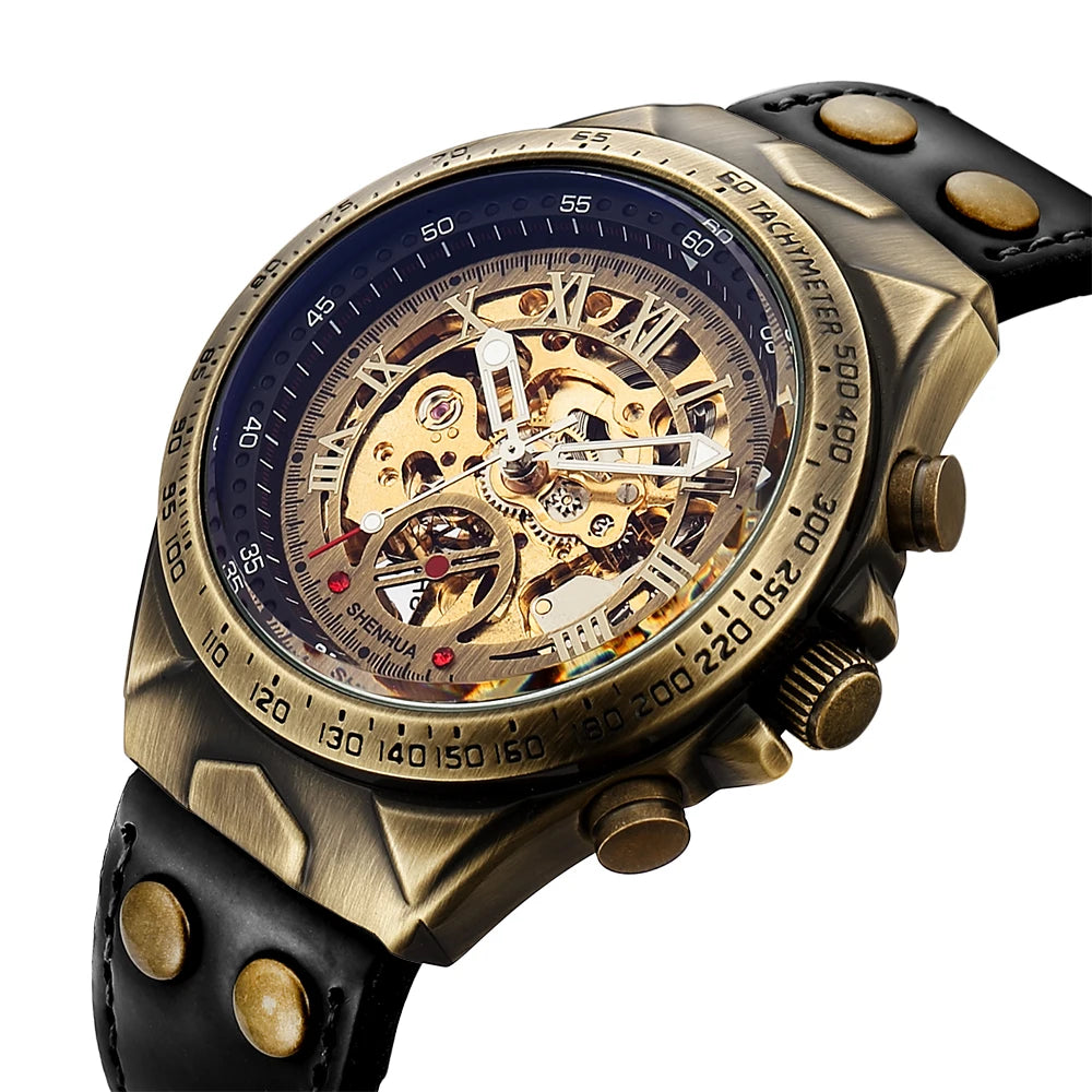 Skeleton Hollow Men Automatic Mechanical Watch Steampunk Transparent Dial Brown Leather Mens Self Winding Wrist Watches Men