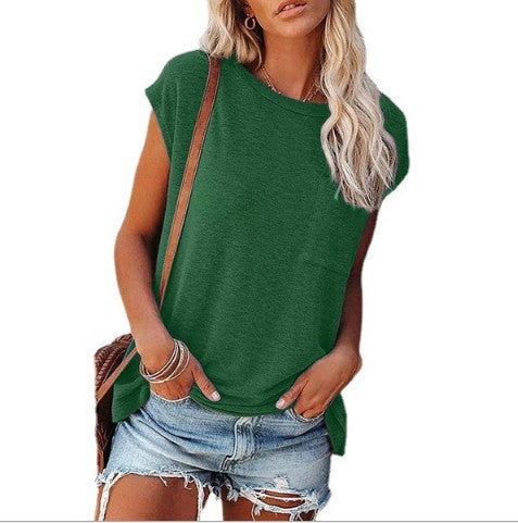 Women's Pocket Strapless Round Neck Short Sleeve Top