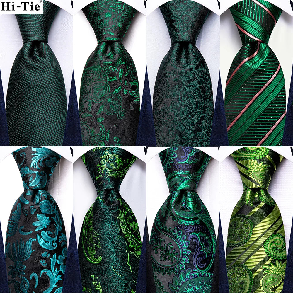 Hi-Tie Designer Striped Green Ties For Men Wedding Party Necktie Luxury Hanky Cufflinks Silk Tie Set Gift For Men Wholesale