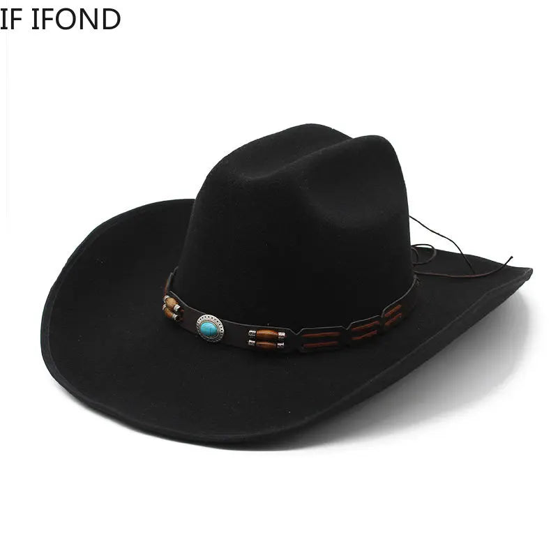 Artificial Wool Western Cowboy Hats For Men Women Vintage Wide Brim Felt Fedoras Hats Gentleman Jazz Hats Lady Cowgirl Dress Cap