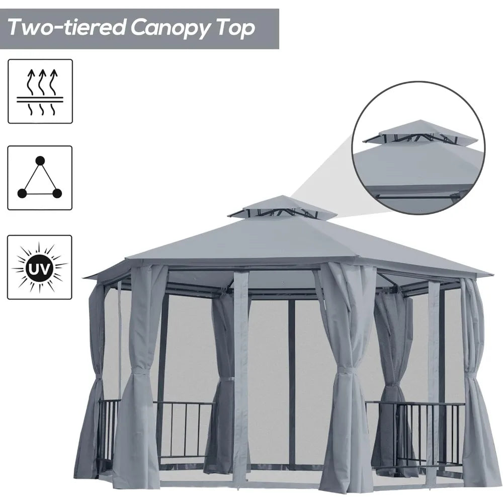 13' x 13' Patio Gazebo, Double Roof Hexagon Outdoor Gazebo Canopy Shelter with Netting & Curtains, Solid Steel Frame for Garden