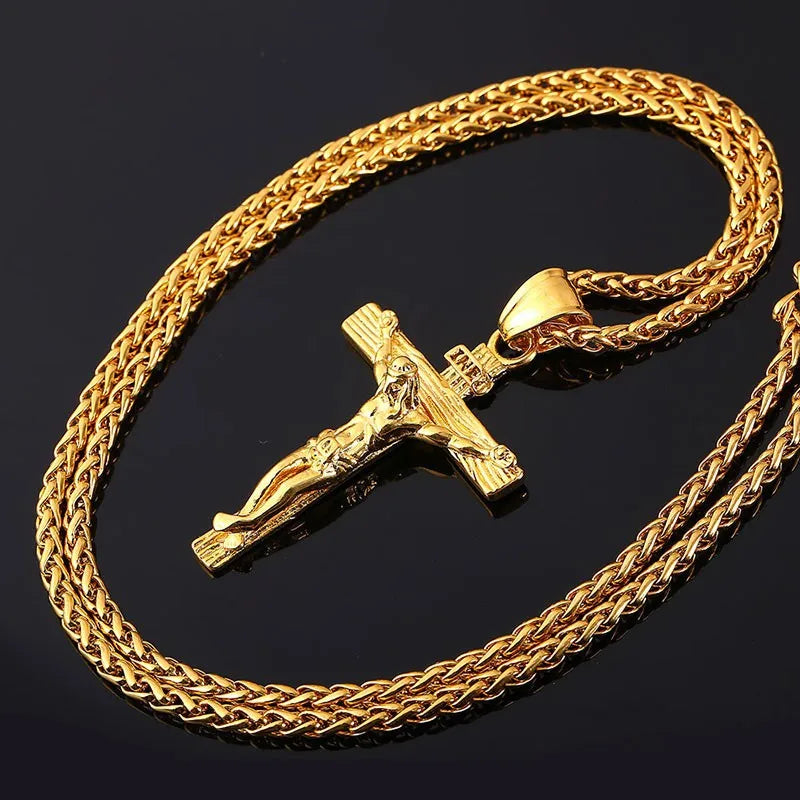 Catholic Retro Golden and Silver Color Cross Pendant Necklace Men and Women Fashion Jewelry Jesus Christ Long Chain Necklaces