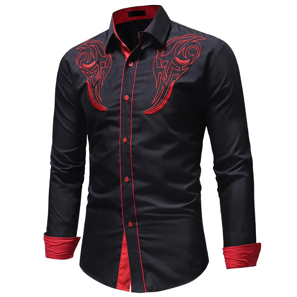 Western Cowboy Embroidery Shirts Men Casual Slim Fit Long Sleeve Social Dress Party Shirts Mens Clothing Camisetas Masculina New