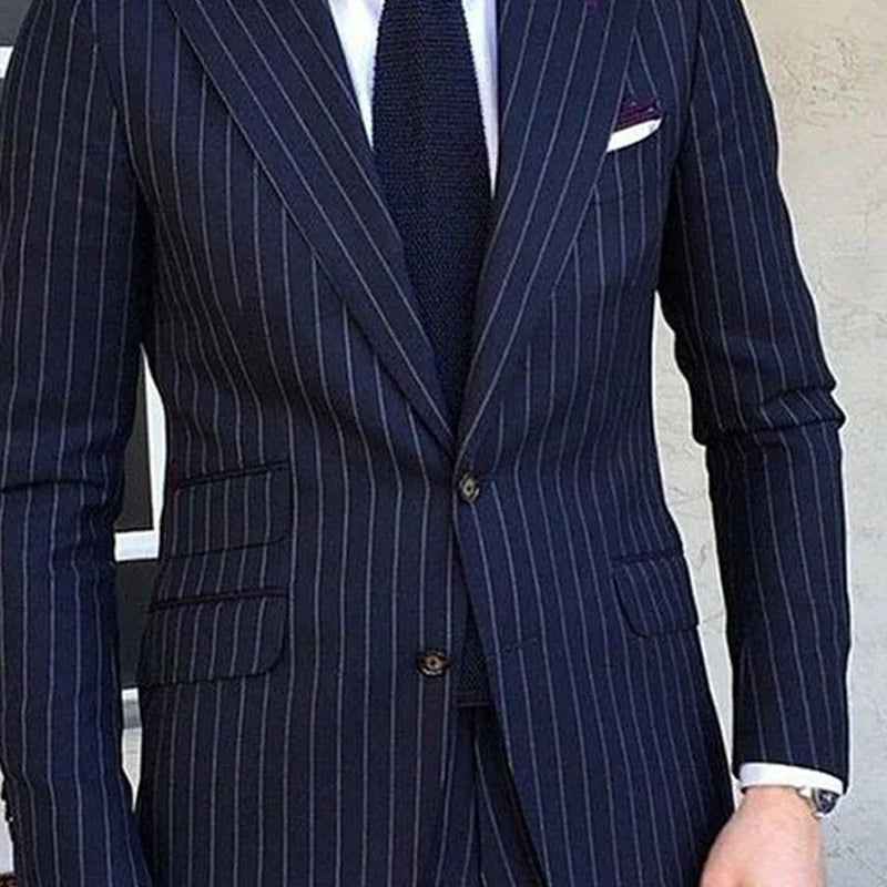 Pinstripe Slim Fit Men Suits for Formal Wedding Tuxedo Notched Lapel 2 Pcs Navy Blue Striped Business Groom Male Fashion