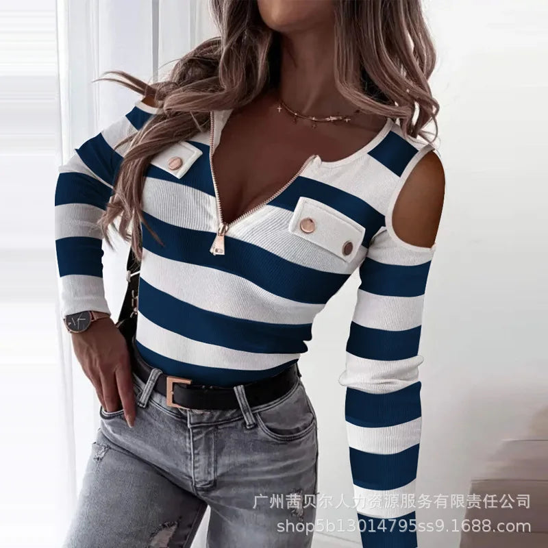 Long Sleeve Zipper Front Ribbed Top Autumn Women 2023 V Neck Elegant Tops Striped Casual Regular Splice Work T-Shirts Y2k Tees